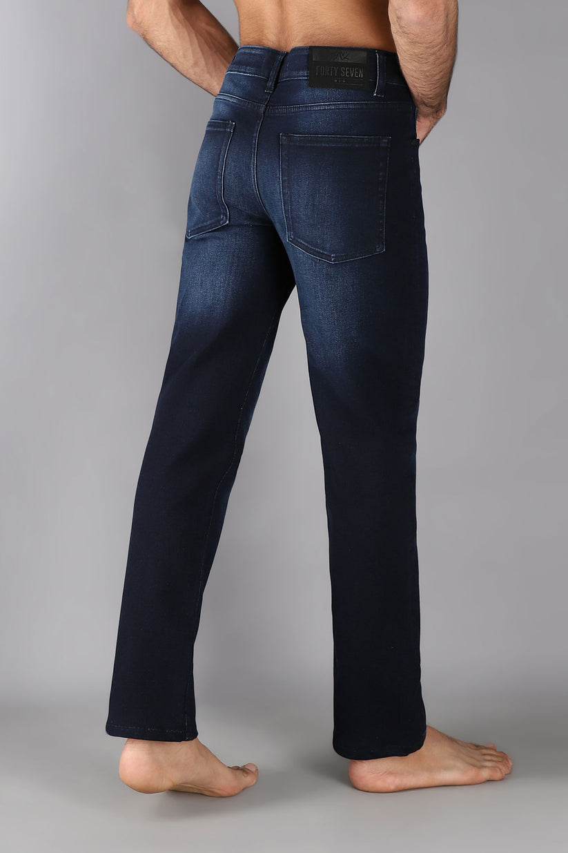 Men's slim fit dark blue jeans with whiskered wash detailing