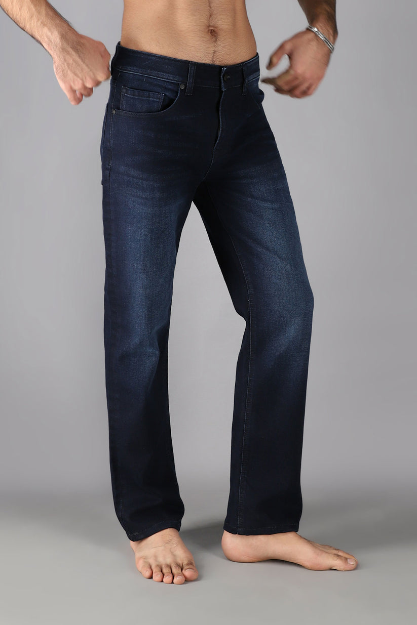 Men's slim fit dark blue jeans with whiskered wash detailing