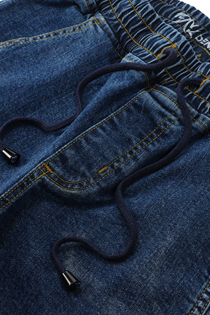 Men's slim fit dark blue jog jeans with tapered leg design