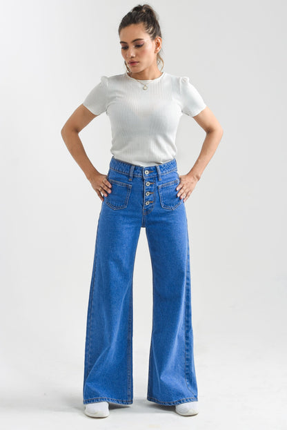 High Waist Blue Denim Flared Jeans