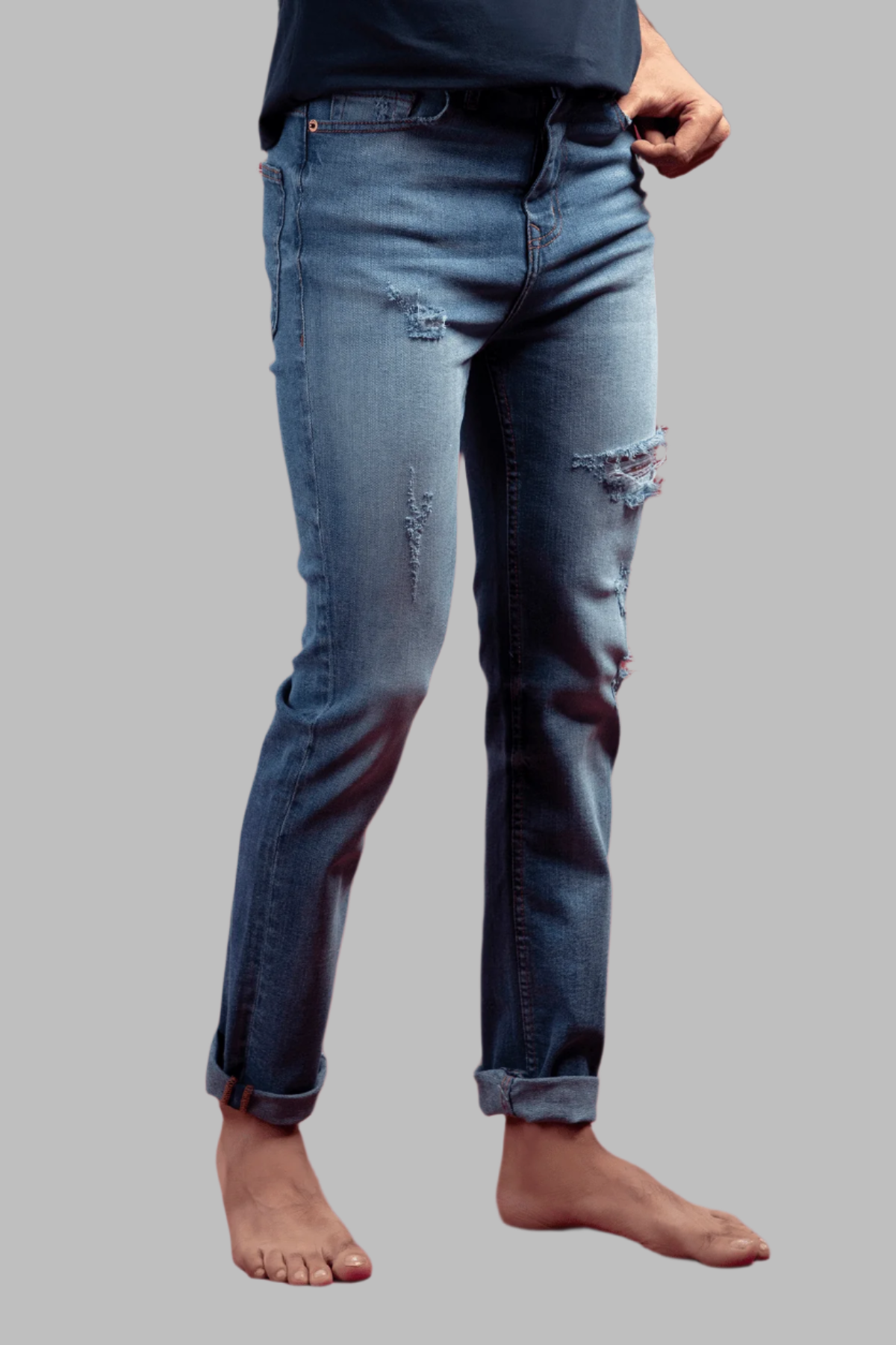 Stretchable Slim Fit With Ripped Jeans (Light Blue) ( CARDENAS )