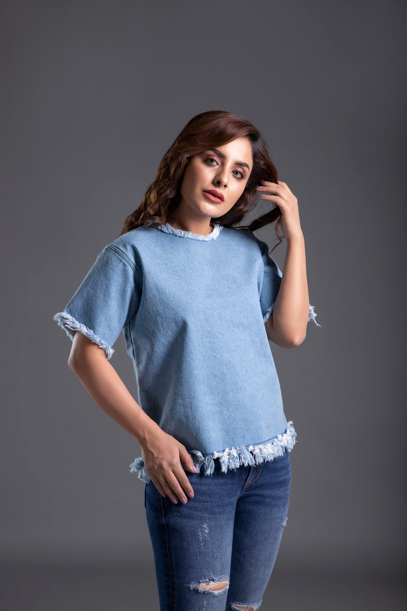 Denim Crew Neck Shirt with Half Sleeves and a Zip Fasted at the Back