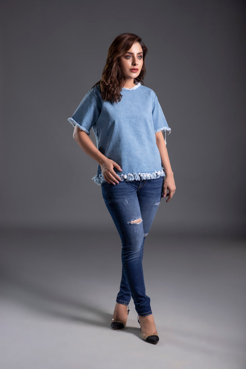Denim Crew Neck Shirt with Half Sleeves and a Zip Fasted at the Back