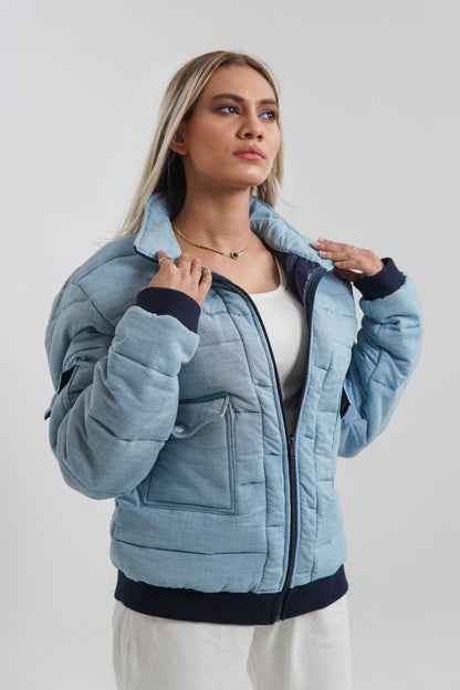 Ladies blue puffer jacket with collar and cuffs