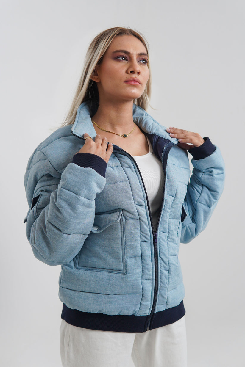 Ladies blue puffer jacket with collar and cuffs