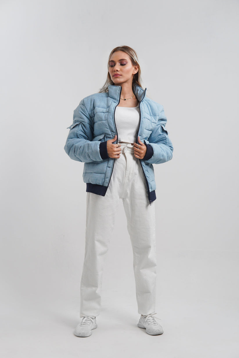 Ladies blue puffer jacket with collar and cuffs
