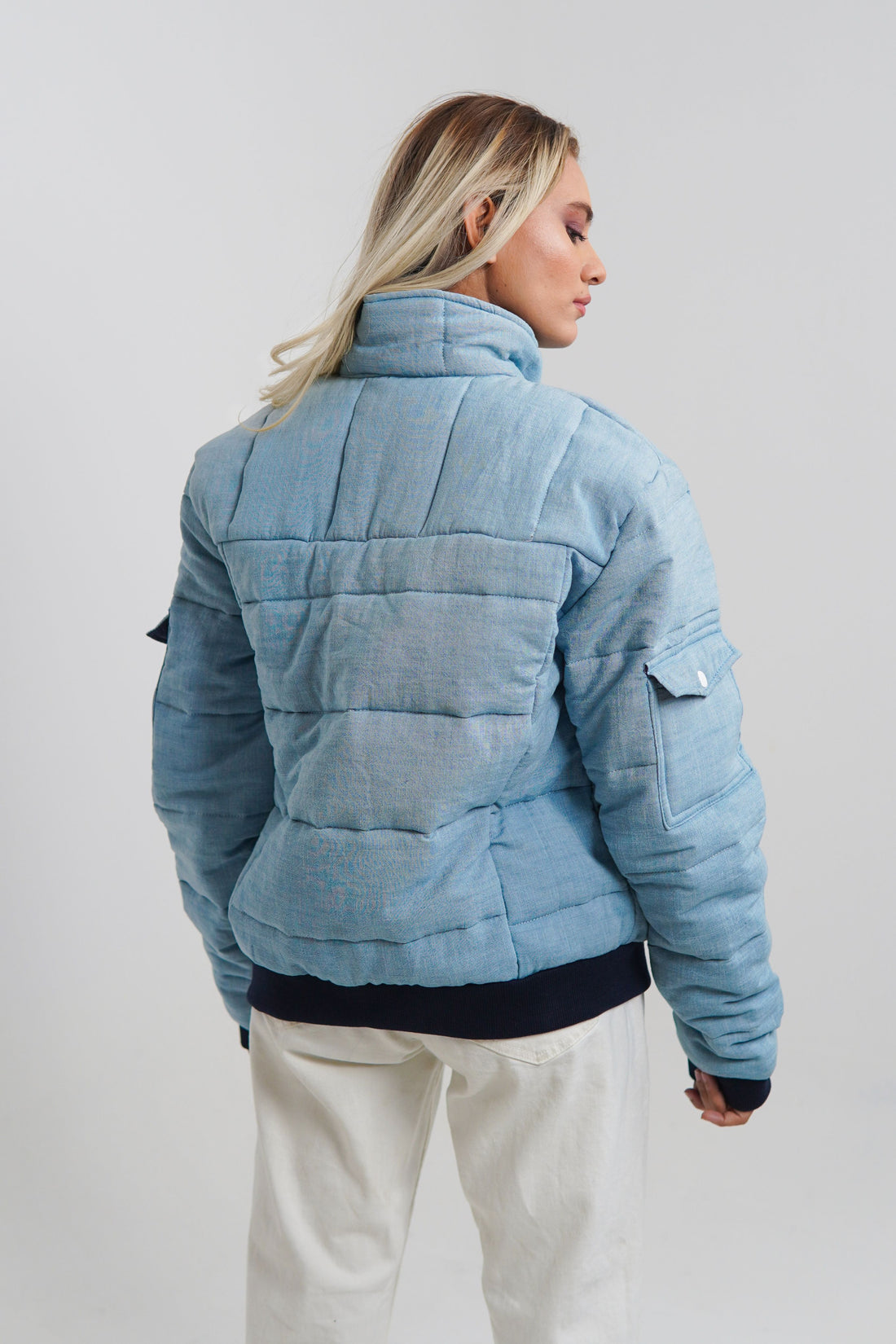 Ladies blue puffer jacket with collar and cuffs