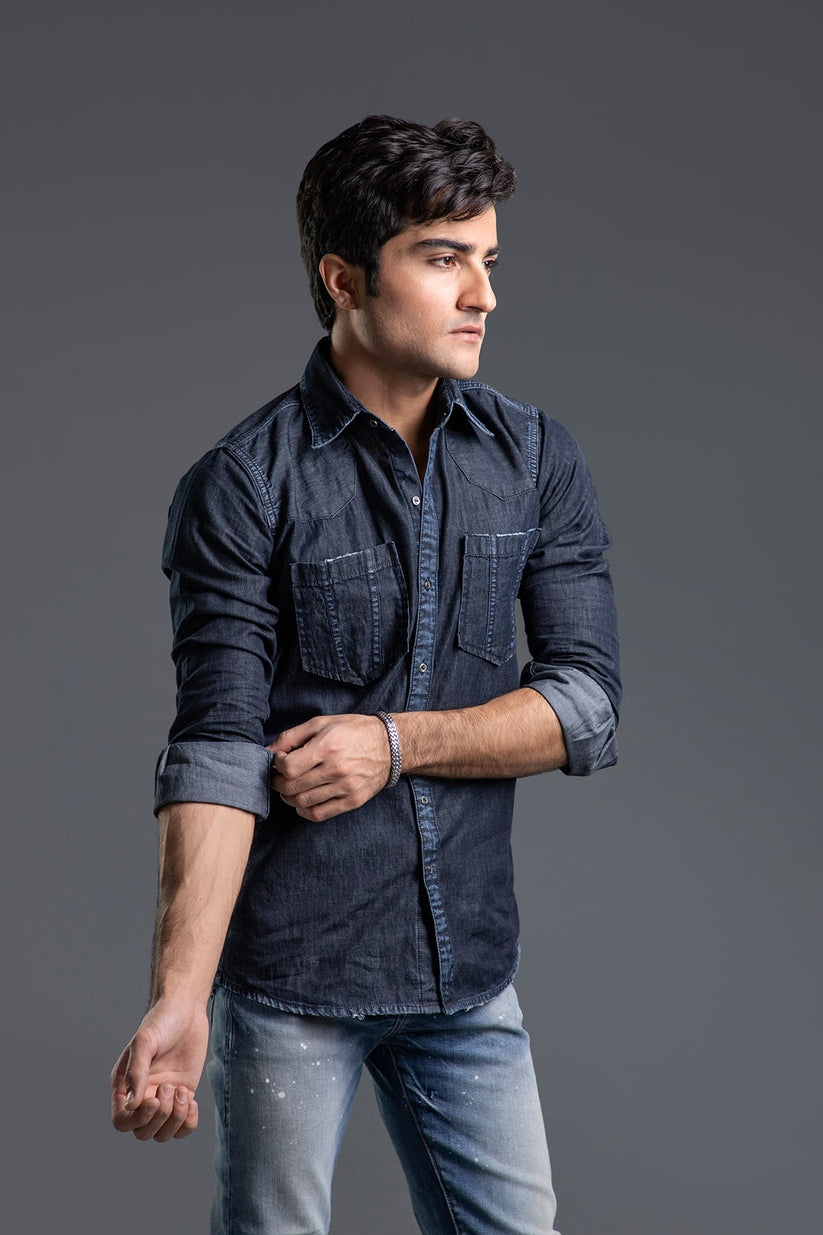 Men's black casual shirt with slim fit and button-front design for versatile styling