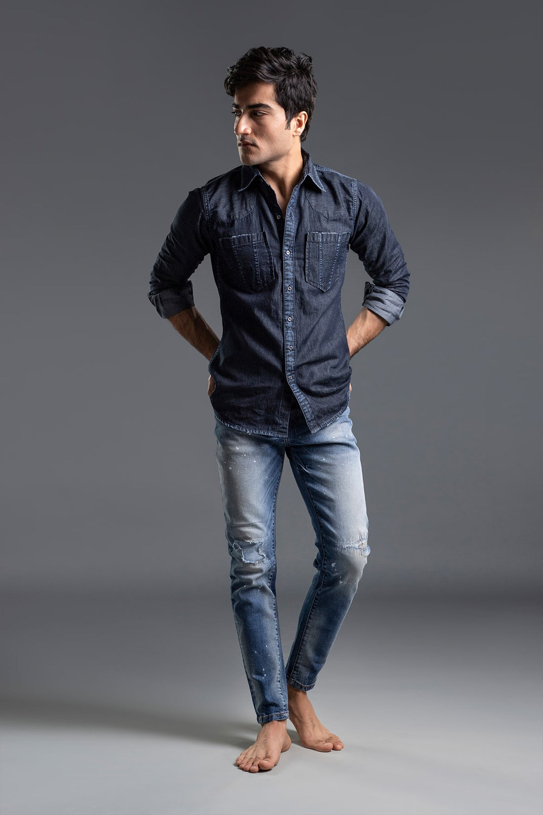 Men's black casual shirt with slim fit and button-front design for versatile styling