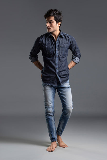 Men's black casual shirt with slim fit and button-front design for versatile styling