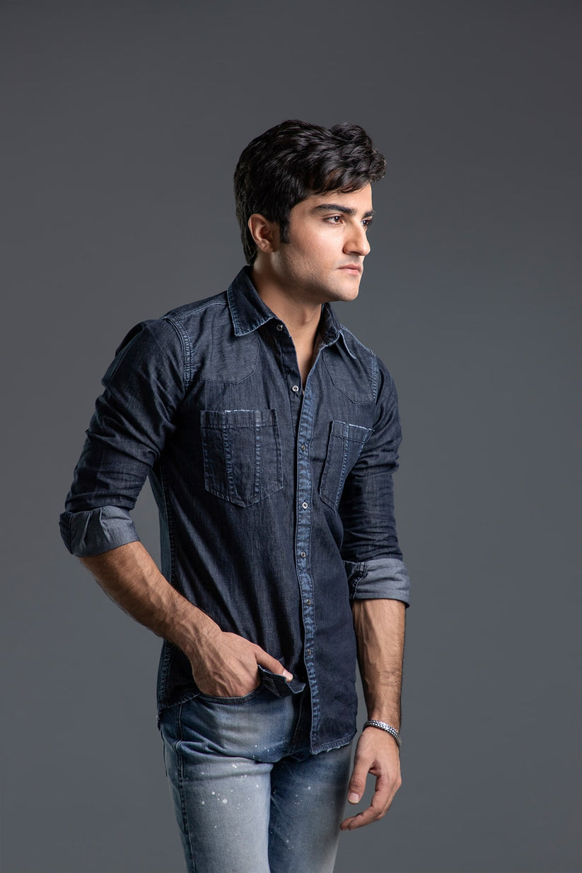 Men's black casual shirt with slim fit and button-front design for versatile styling