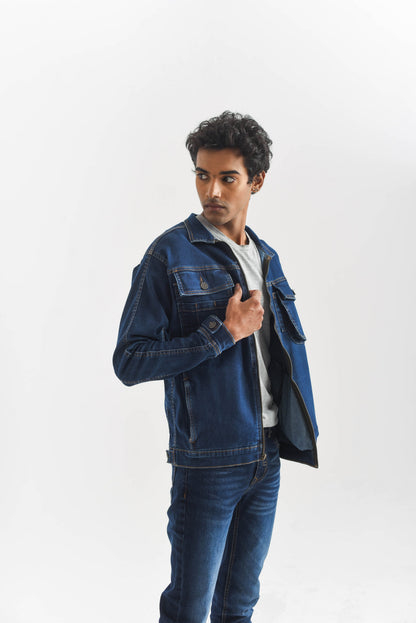Men's Dark Blue Denim Jacket with Button Front Closure and Button-Flap Chest Pockets
