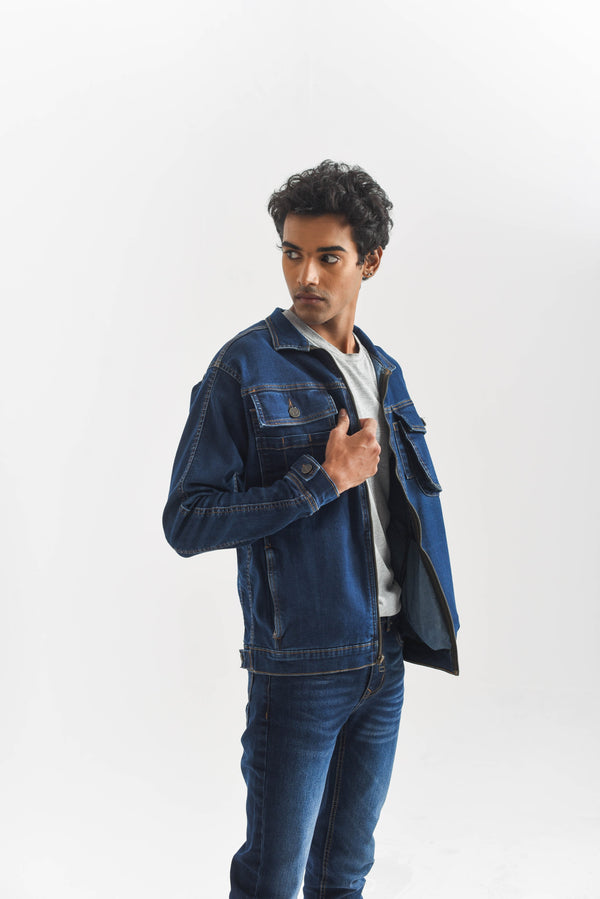 Men's Dark Blue Denim Jacket with Button Front Closure and Button-Flap Chest Pockets