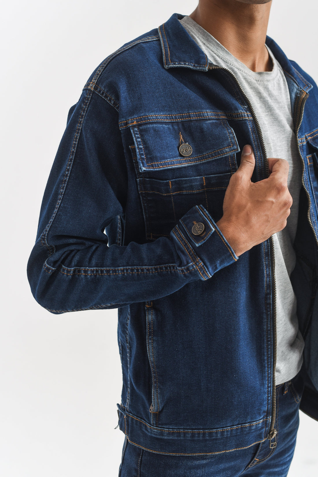 Men's Dark Blue Denim Jacket with Button Front Closure and Button-Flap Chest Pockets