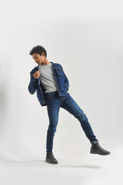 Men's Dark Blue Denim Jacket with Button Front Closure and Button-Flap Chest Pockets