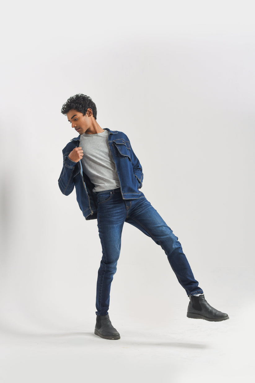 Men's Dark Blue Denim Jacket with Button Front Closure and Button-Flap Chest Pockets