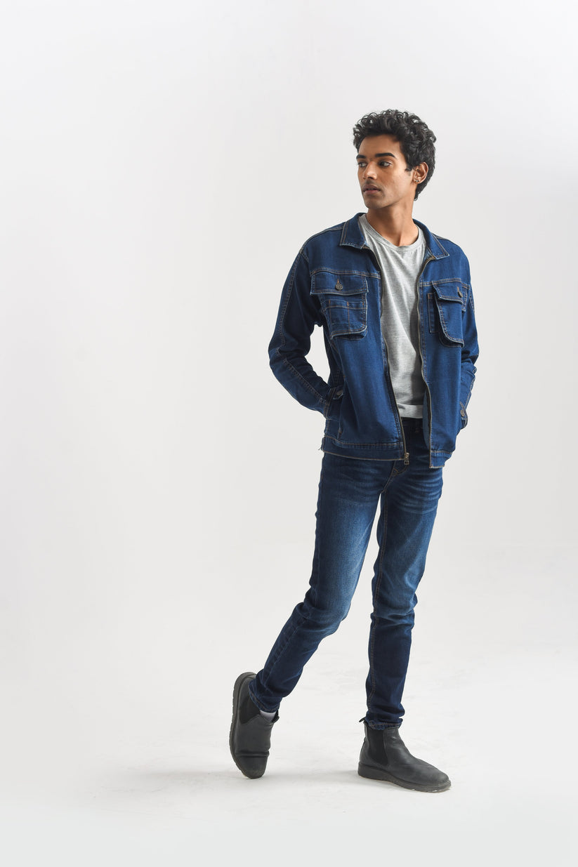 Men's Dark Blue Denim Jacket with Button Front Closure and Button-Flap Chest Pockets