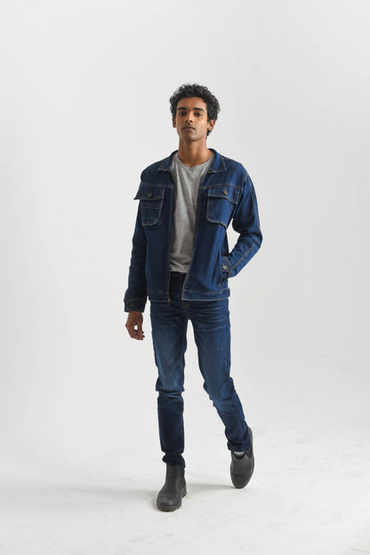 Men's Dark Blue Denim Jacket with Button Front Closure and Button-Flap Chest Pockets
