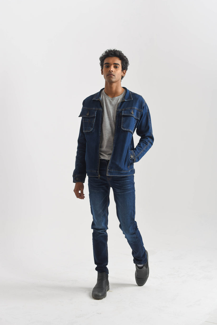 Men's Dark Blue Denim Jacket with Button Front Closure and Button-Flap Chest Pockets
