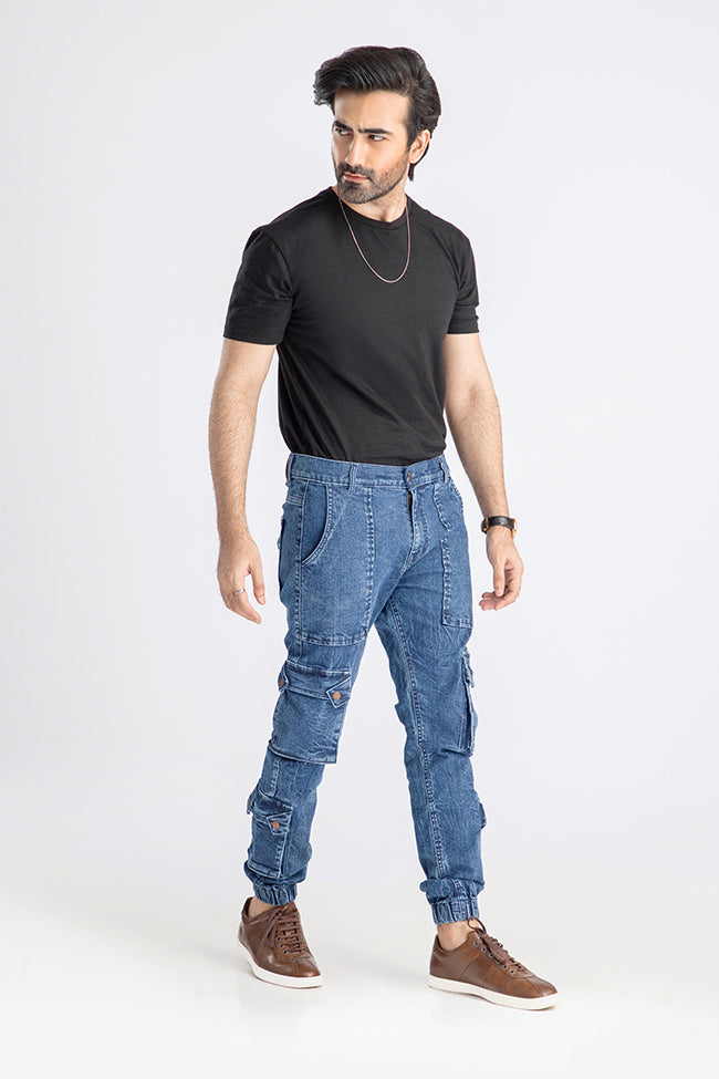 Men's relaxed fit dark blue cargo joggers with utility pocket design