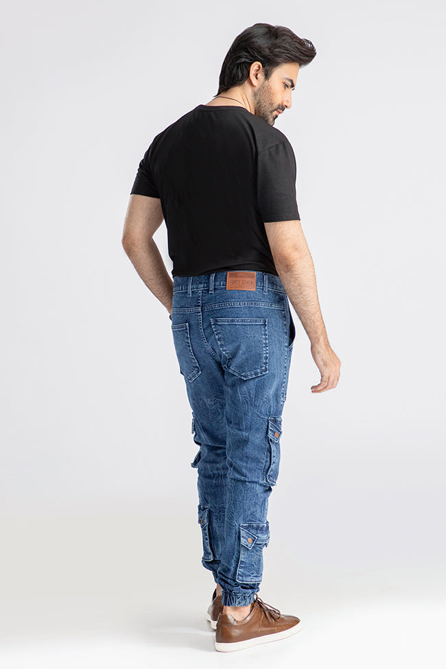 Men's relaxed fit dark blue cargo joggers with utility pocket design