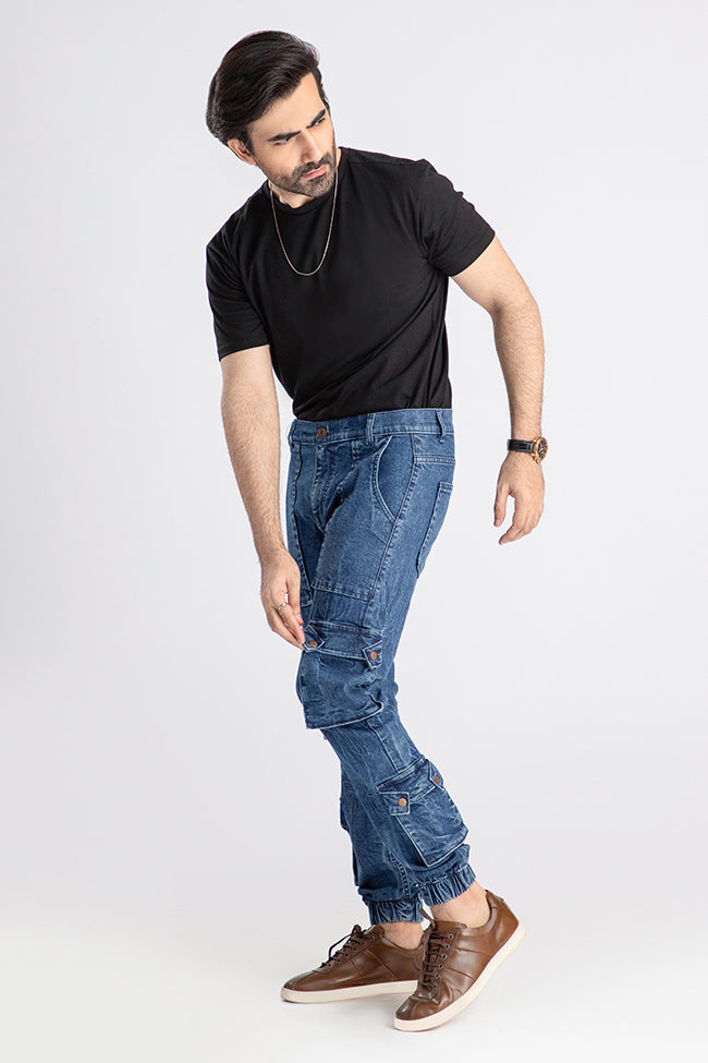 Men's relaxed fit dark blue cargo joggers with utility pocket design