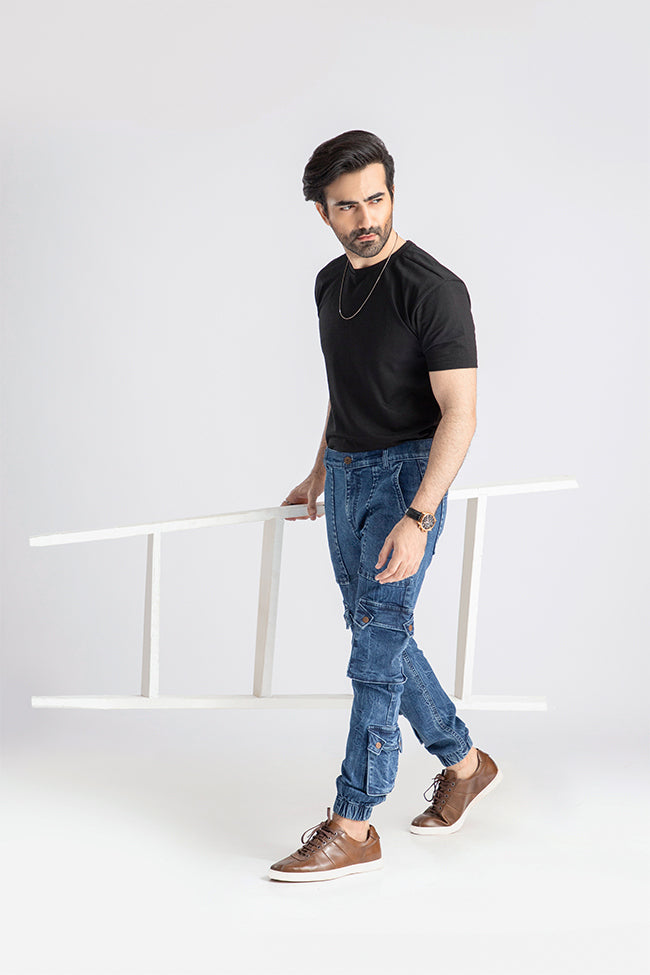 Men's relaxed fit dark blue cargo joggers with utility pocket design