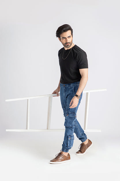 Men's relaxed fit dark blue cargo joggers with utility pocket design