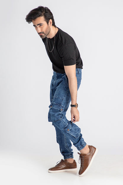 Men's relaxed fit dark blue cargo joggers with utility pocket design