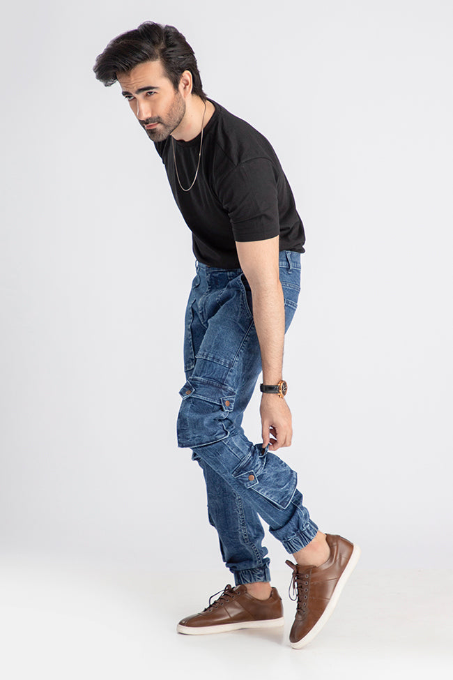 Men's relaxed fit dark blue cargo joggers with utility pocket design