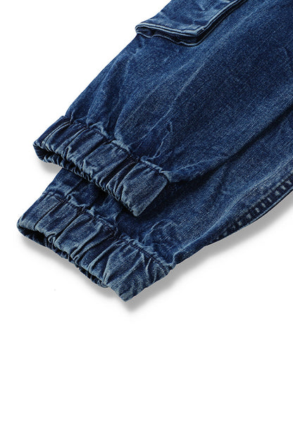 Men's relaxed fit dark blue cargo joggers with utility pocket design