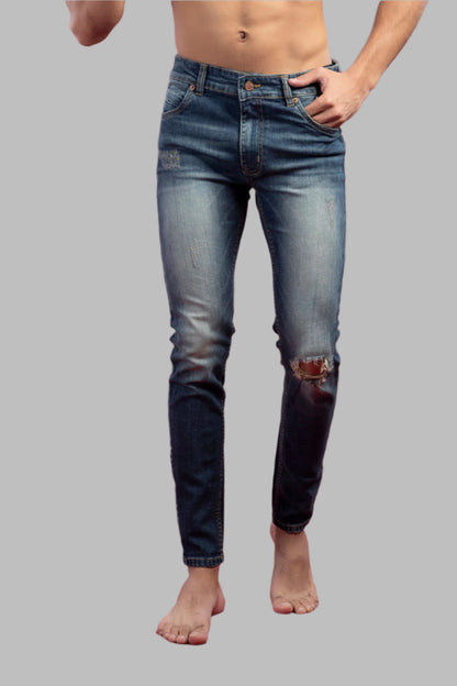 sand-blasted light blue skinny ripped jeans men low-rise stretch denim