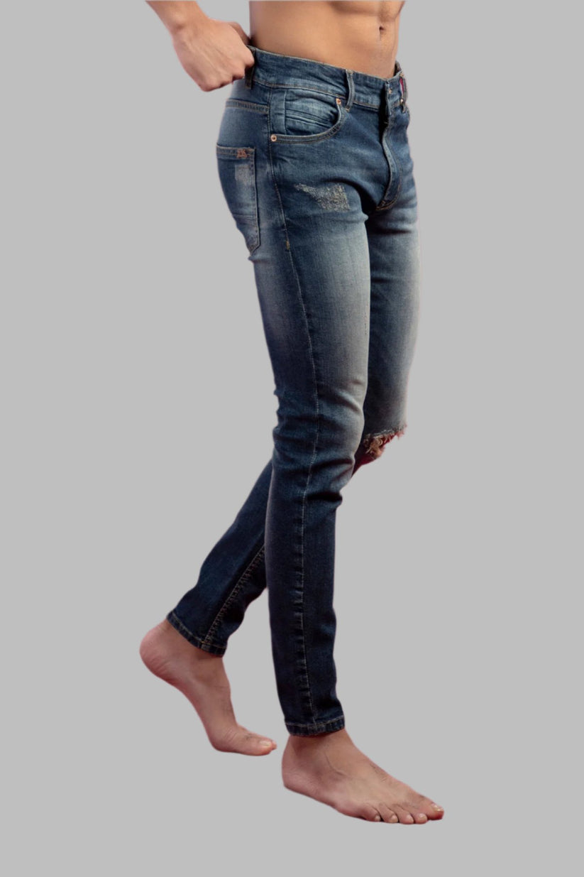 sand-blasted light blue skinny ripped jeans men low-rise stretch denim
