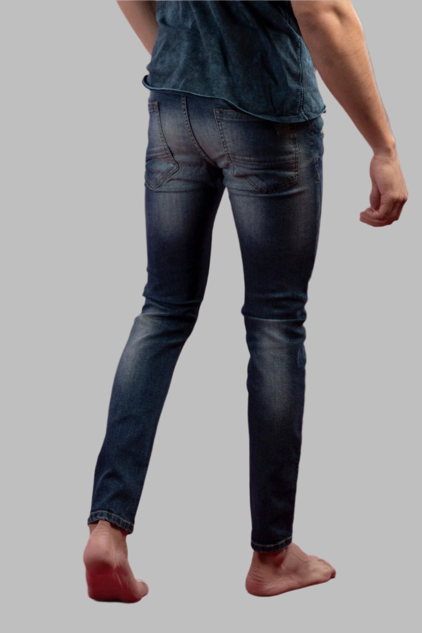 sand-blasted light blue skinny ripped jeans men low-rise stretch denim