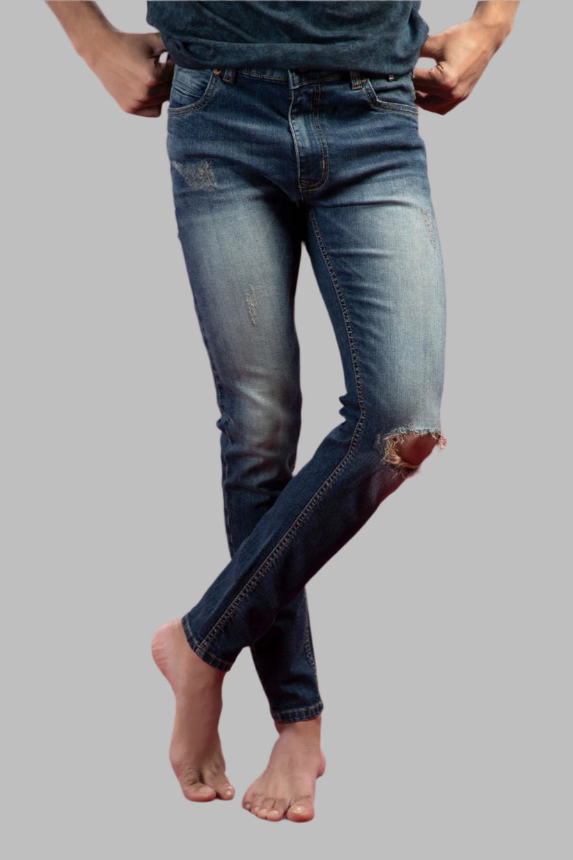 sand-blasted light blue skinny ripped jeans men low-rise stretch denim