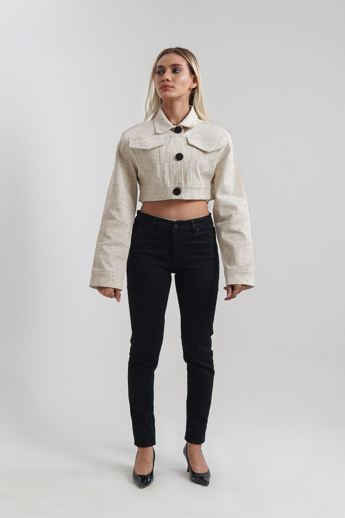 Women's Cropped Jacket in White with Black Buttons