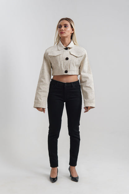 Women's Cropped Jacket in White with Black Buttons