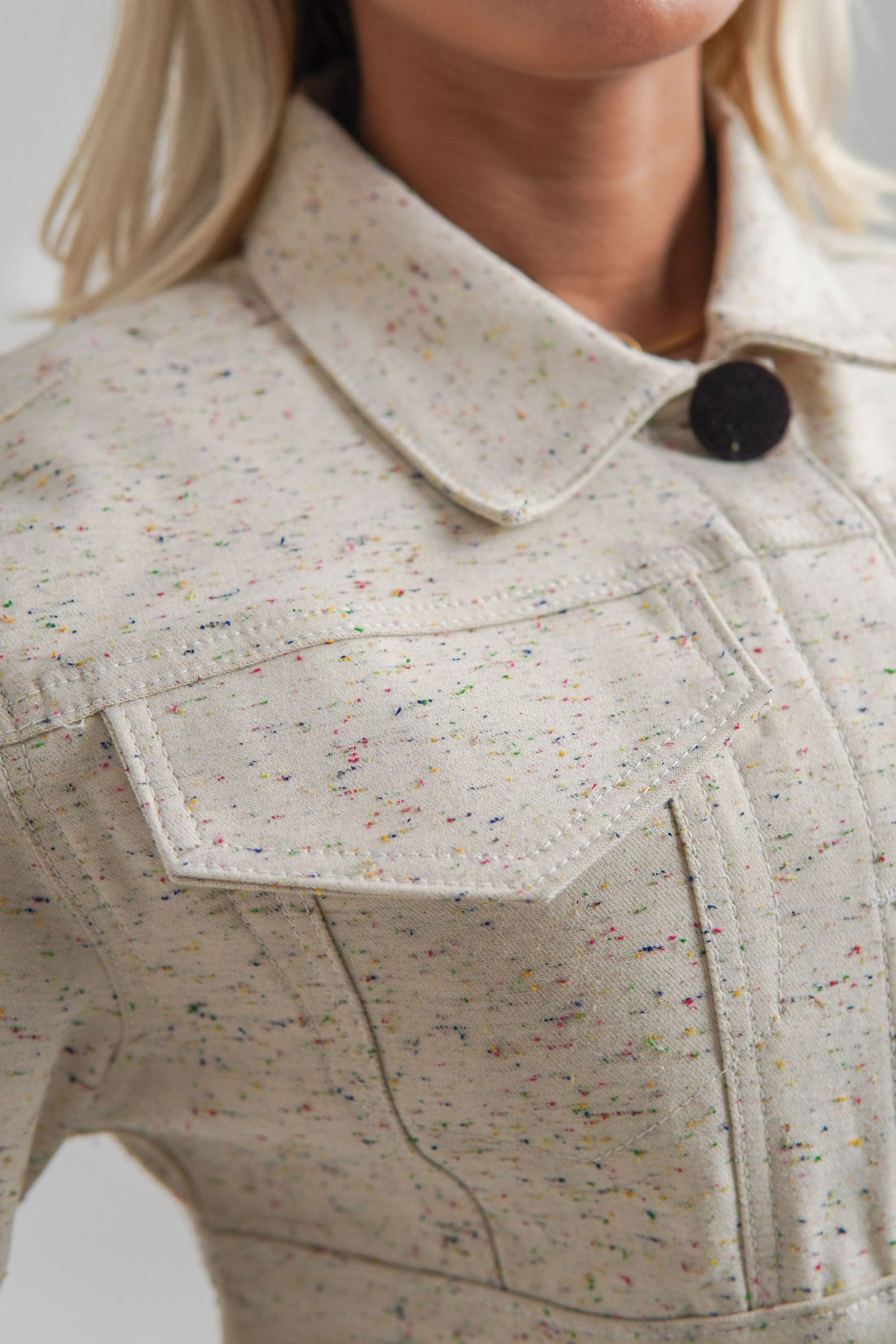 Women's Cropped Jacket in White with Black Buttons