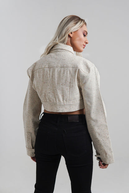 Women's Cropped Jacket in White with Black Buttons