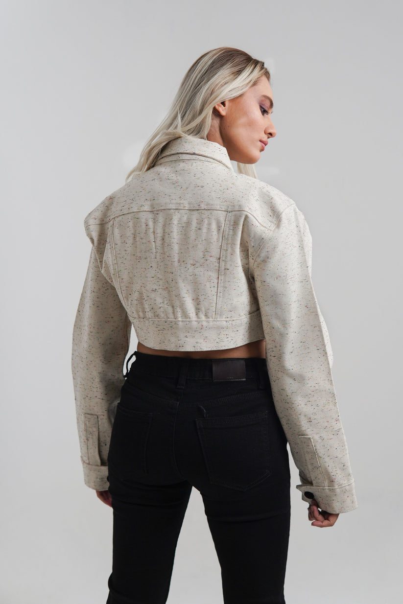 Women's Cropped Jacket in White with Black Buttons