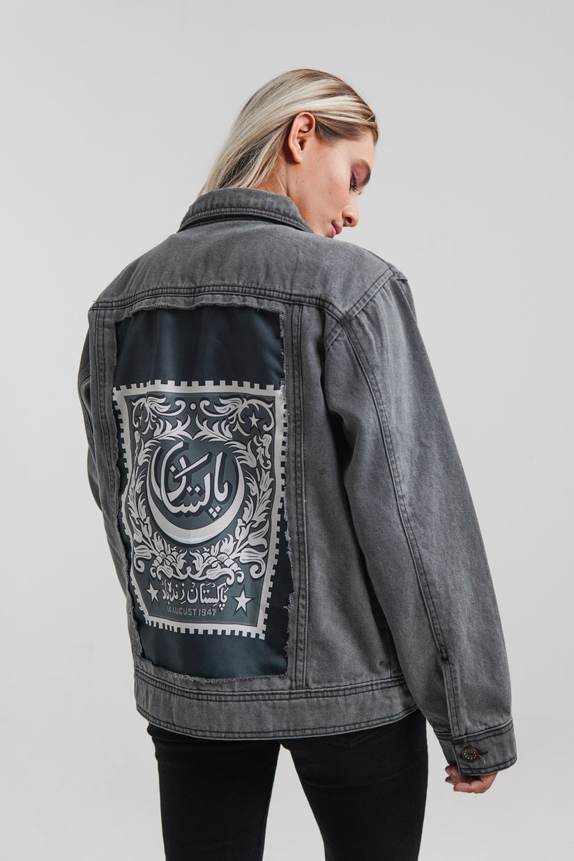 Women's denim jacket in grey with a slogan on the front and back