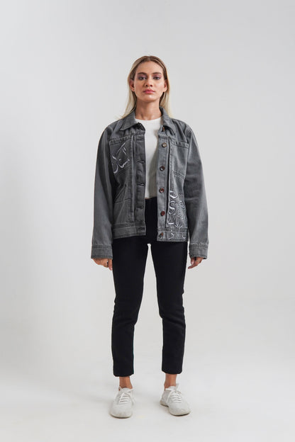 Women's denim jacket in grey with a slogan on the front and back