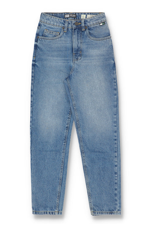 Women's Mom Jeans in Blue with a Straight Style and a High, Rounded Waist.