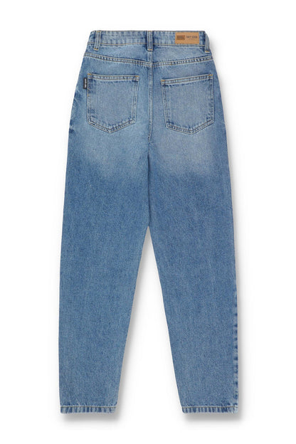 Women's Mom Jeans in Blue with a Straight Style and a High, Rounded Waist.