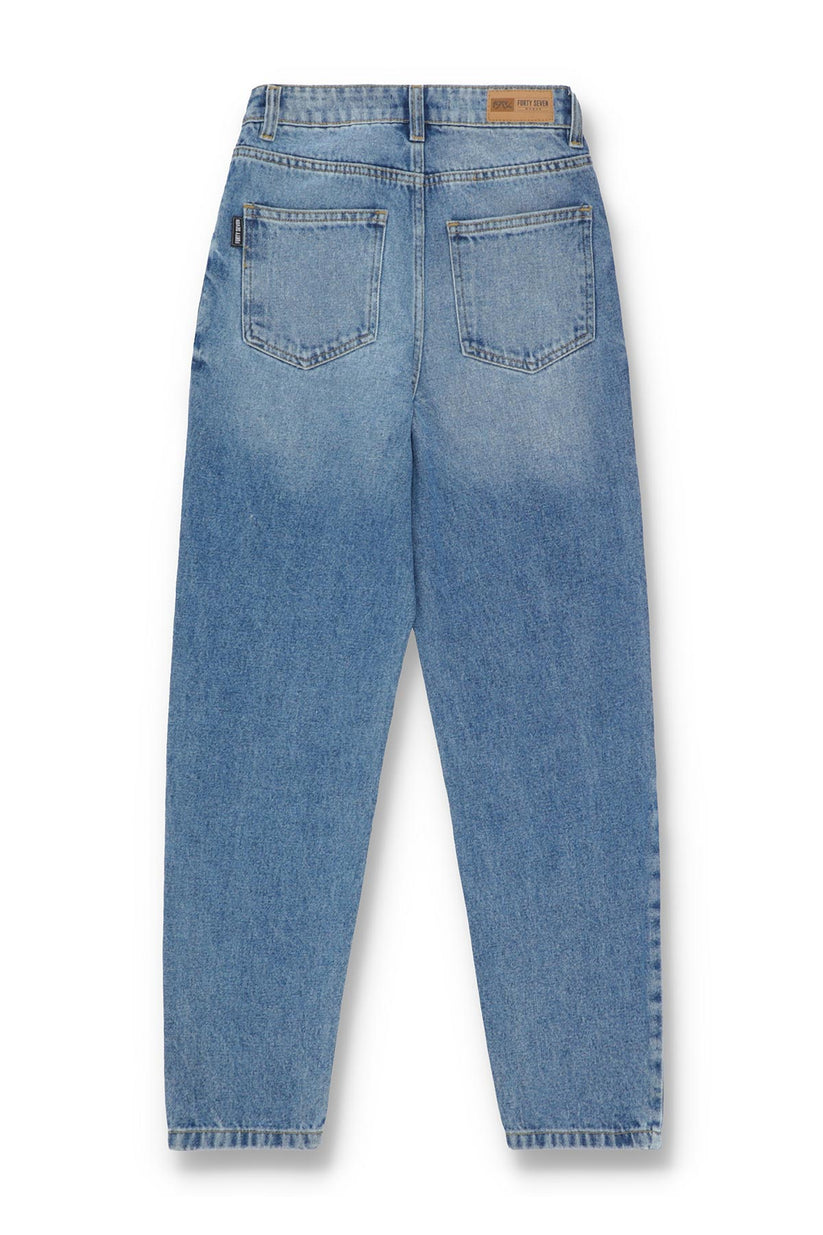 Women's Mom Jeans in Blue with a Straight Style and a High, Rounded Waist.