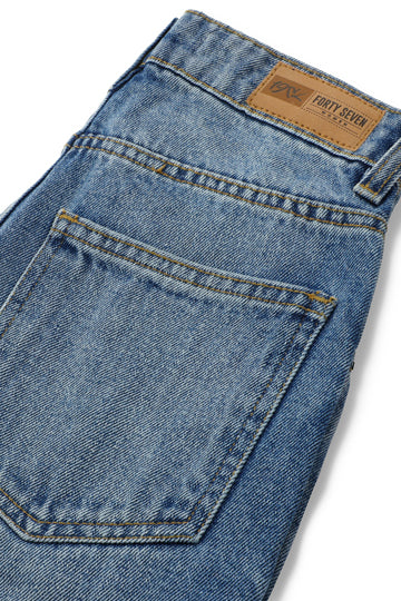 Women's Mom Jeans in Blue with a Straight Style and a High, Rounded Waist.